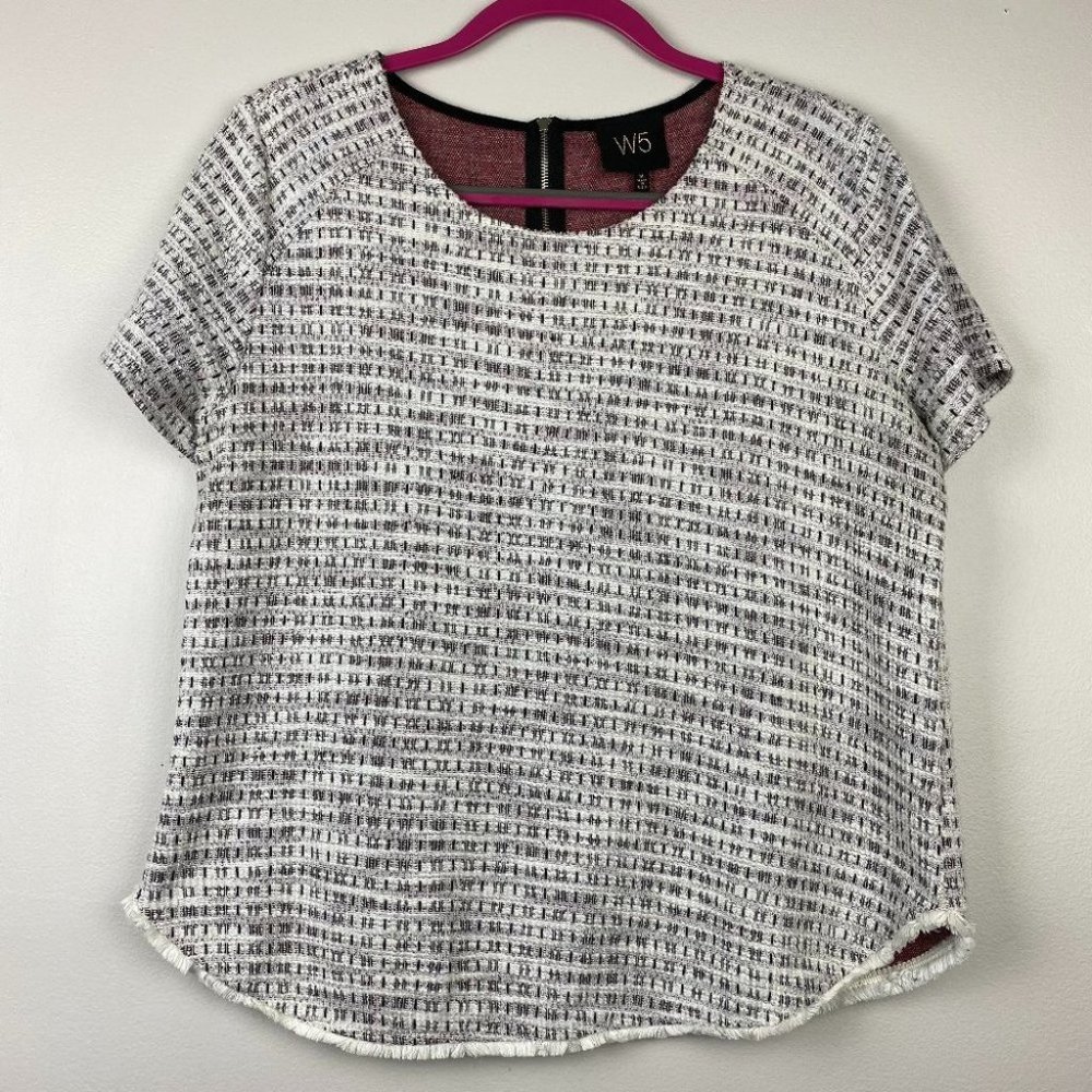 W5 Medium Tweed Short Sleeve Fringe Hem Top